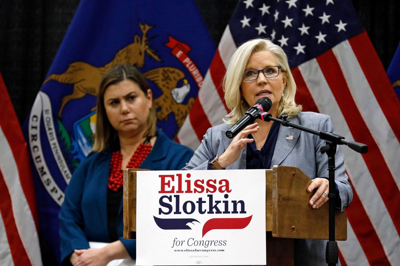 Then-Rep. Liz Cheney (R-Wyo.) speaks in Lansing, Michigan, on November 1, 2022. It was the first time she endorsed Slotkin, who at the time was running to stay in the U.S. House. Recently Cheney endorsed Slotkin for her Senate bid. 