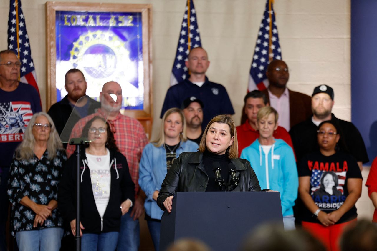 Slotkin speaks at a campaign event at a United Auto Workers Local 652 event at the Capital Region International Airport in Lansing, Michigan, October 18, 2024. 