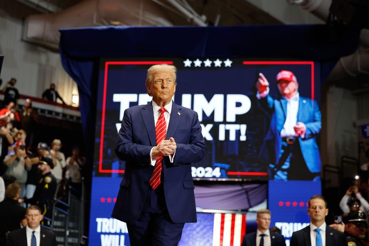 Former U.S. President Donald Trump greets supporters during a campaign event in Rocky Mount, North Carolina, on Wednesday. The Economist on Thursday warned that a second Trump presidency carries "an unacceptable risk to America and the world."